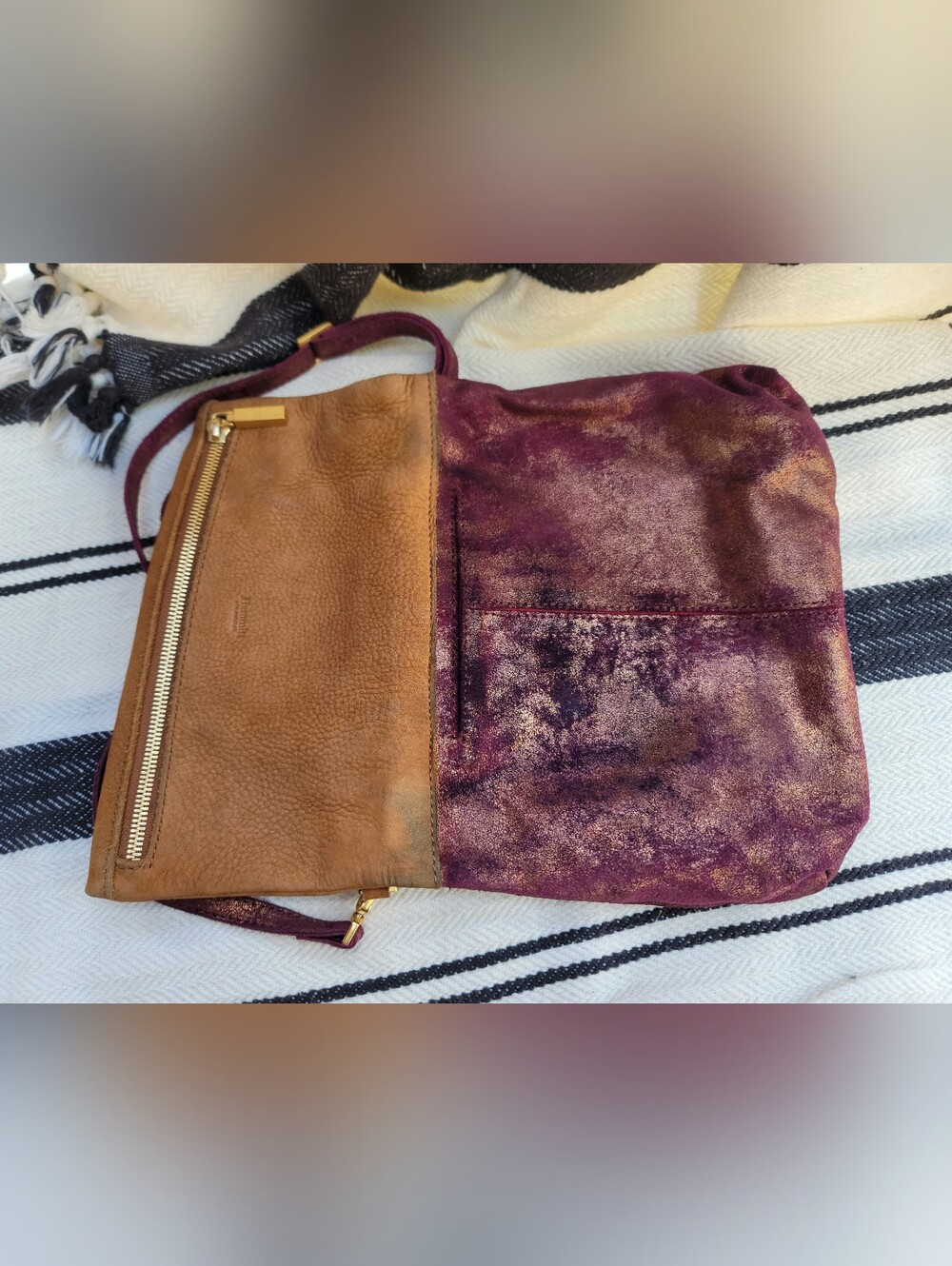 Hammit Leather Fold-Over Crossbody Bag in Brown and Plum with Gold Accents - Picture 12 of 15